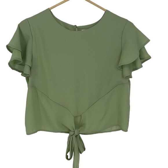She + Sky Womens Crop Ruffled Tiered Short Sleeve Blouse Tie Front Green Small - Picture 1 of 8